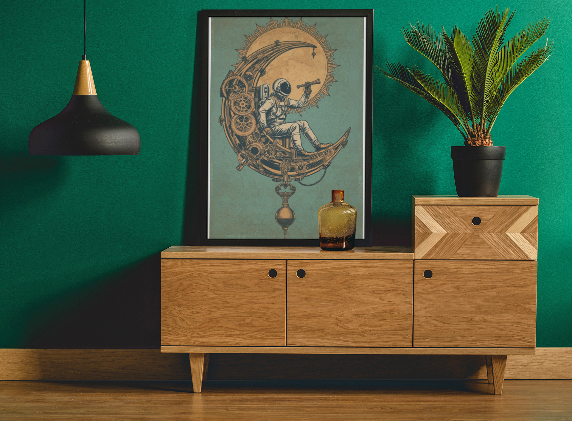 Steampunk astronaut wall art featuring an astronaut sitting on a mechanical crescent moon with gears and a celestial sun on a vintage teal background.