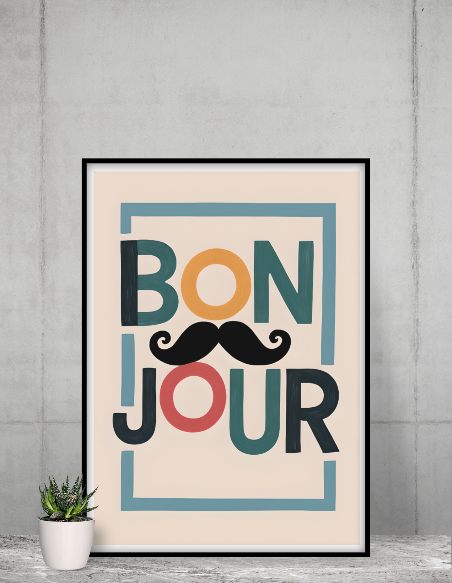 Framed poster with 'Bonjour' text and mustache graphic on a gray wall.