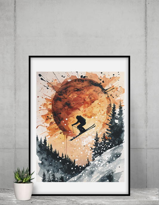 Abstract ski jump poster with silhouette of skier mid-air against a fiery orange sunset and snowy mountain trees, modern winter sports wall art displayed on a grey counter with a small plant for decoration