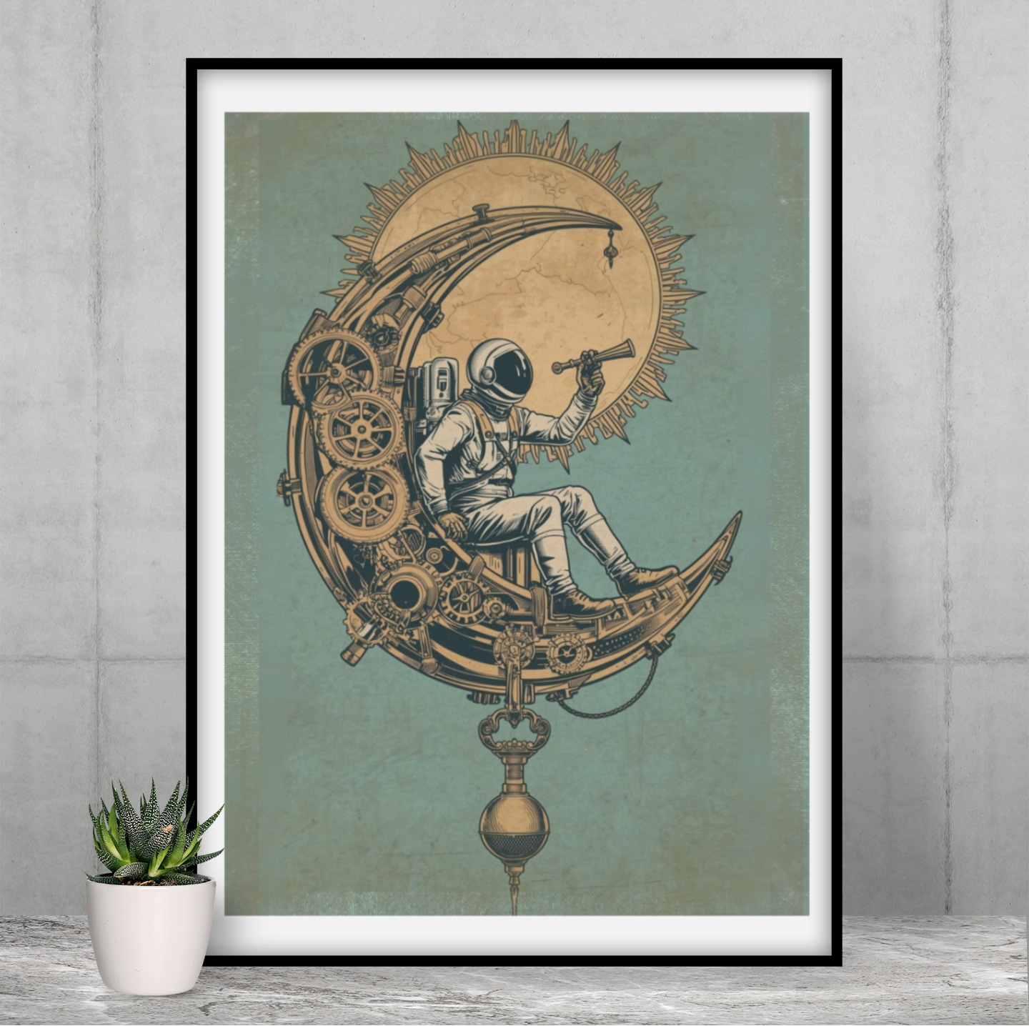 Steampunk astronaut wall art featuring an astronaut sitting on a mechanical crescent moon with gears and a celestial sun on a vintage teal background.