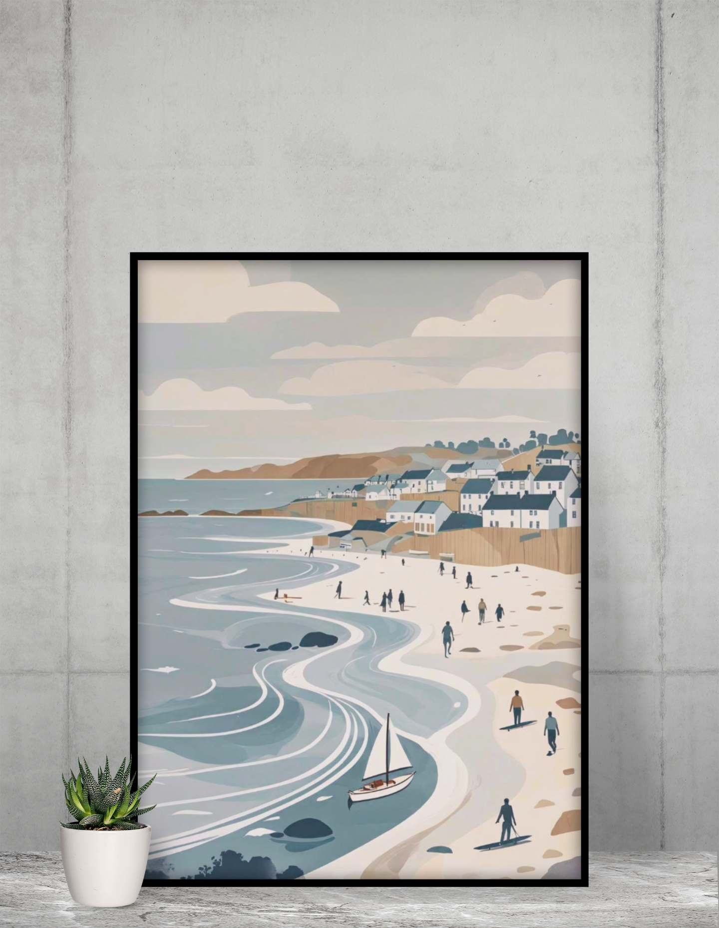 Framed coastal village wall art featuring flowing waves, displayed in a modern minimalist interior