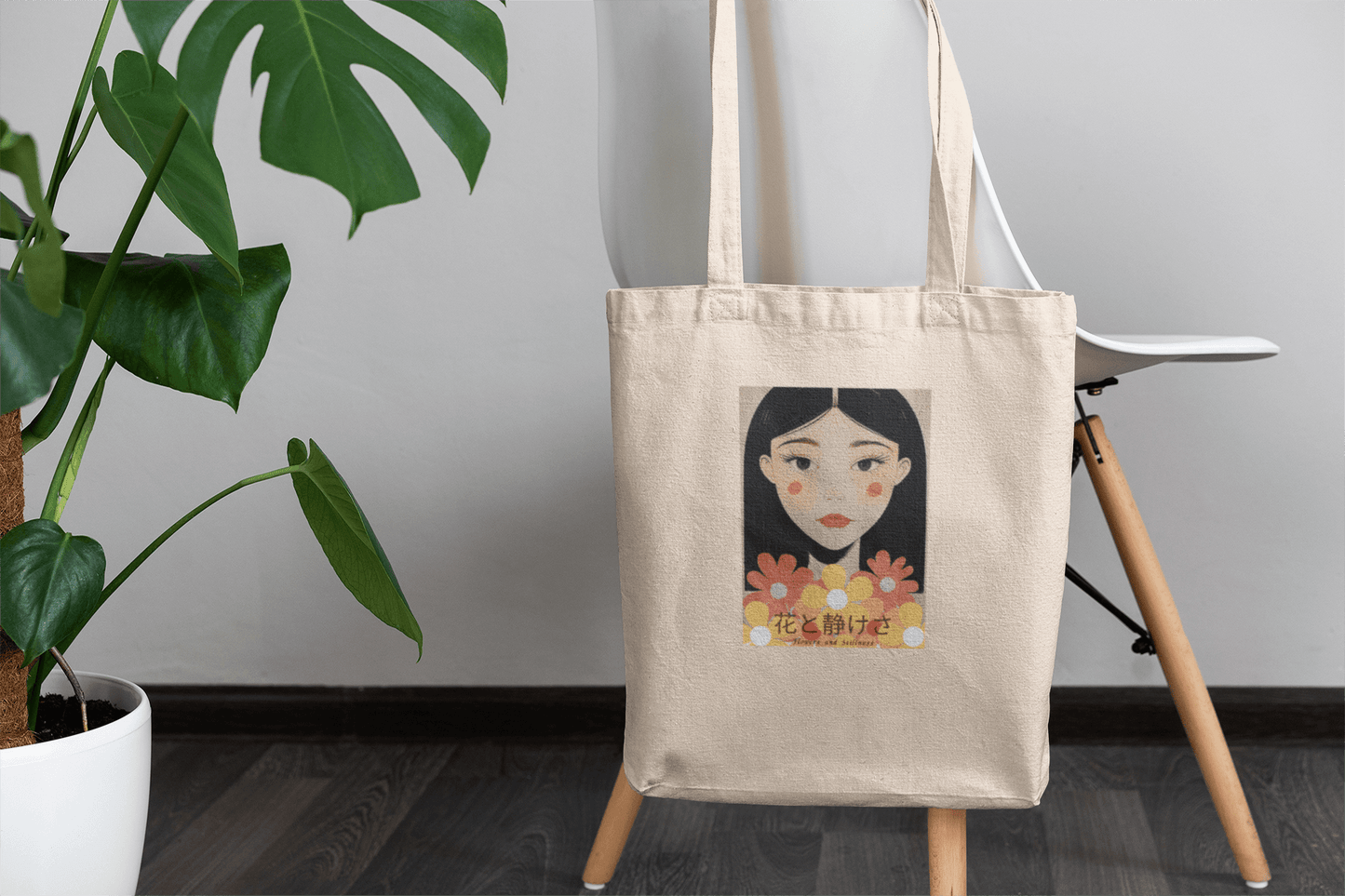Flowers & Stillness Tote Bag – Japanese Portrait Eco Canvas Shopper – Artistic Floral Carryall Gift