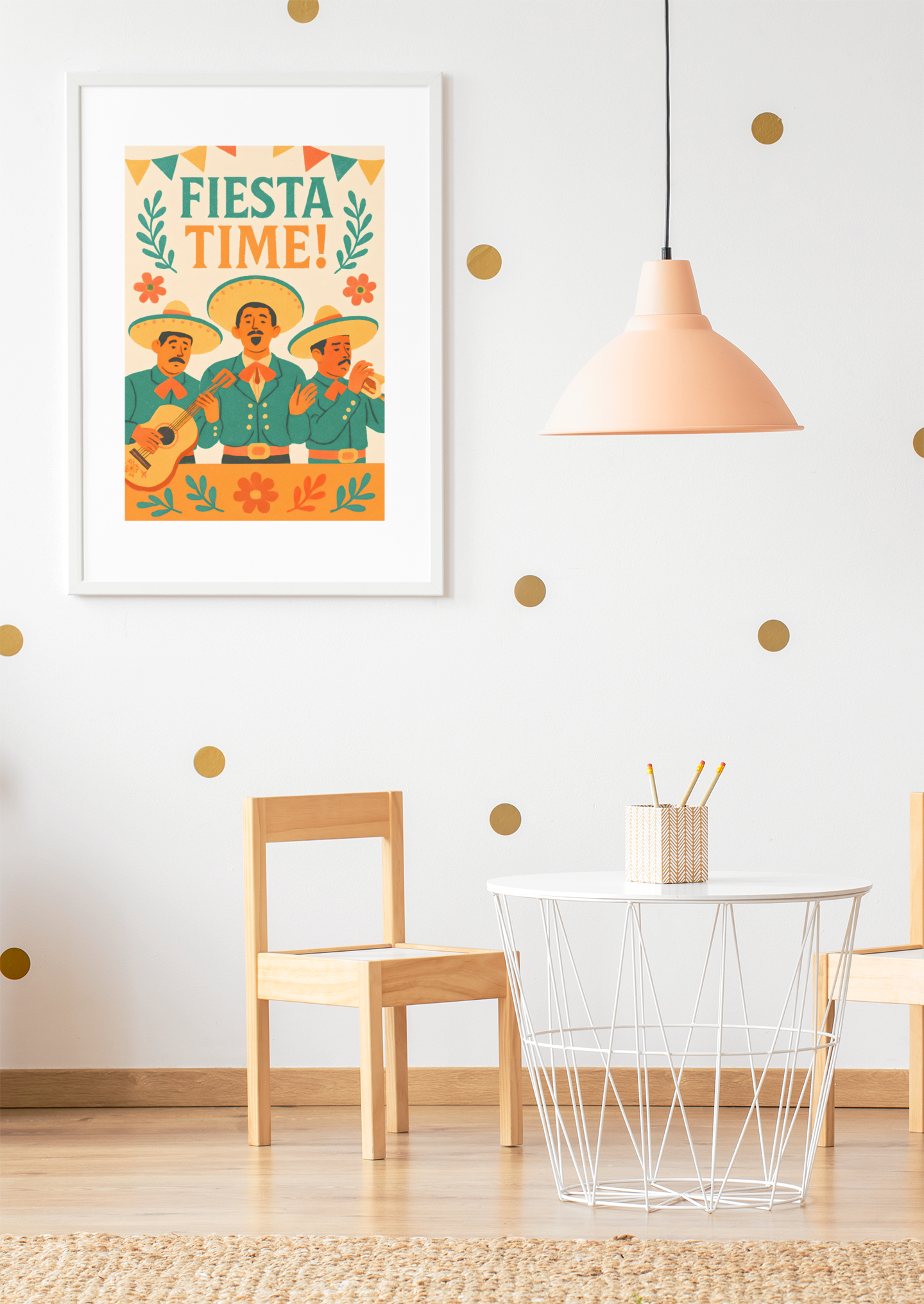 Framed 'Fiesta Time!' poster on a wall with a dining area below.