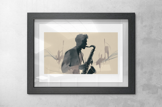 Framed artwork of a silhouette playing a saxophone on a textured wall.