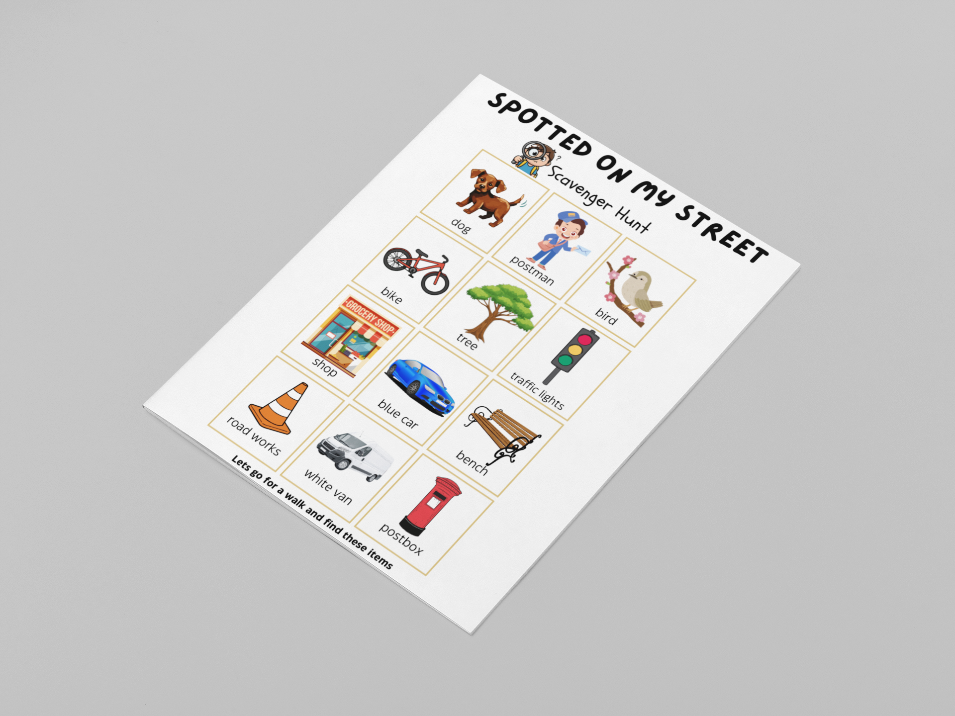 Children's scavenger hunt sheet with illustrations on a gray background