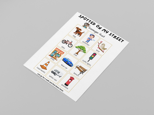 Children's scavenger hunt sheet with illustrations on a gray background