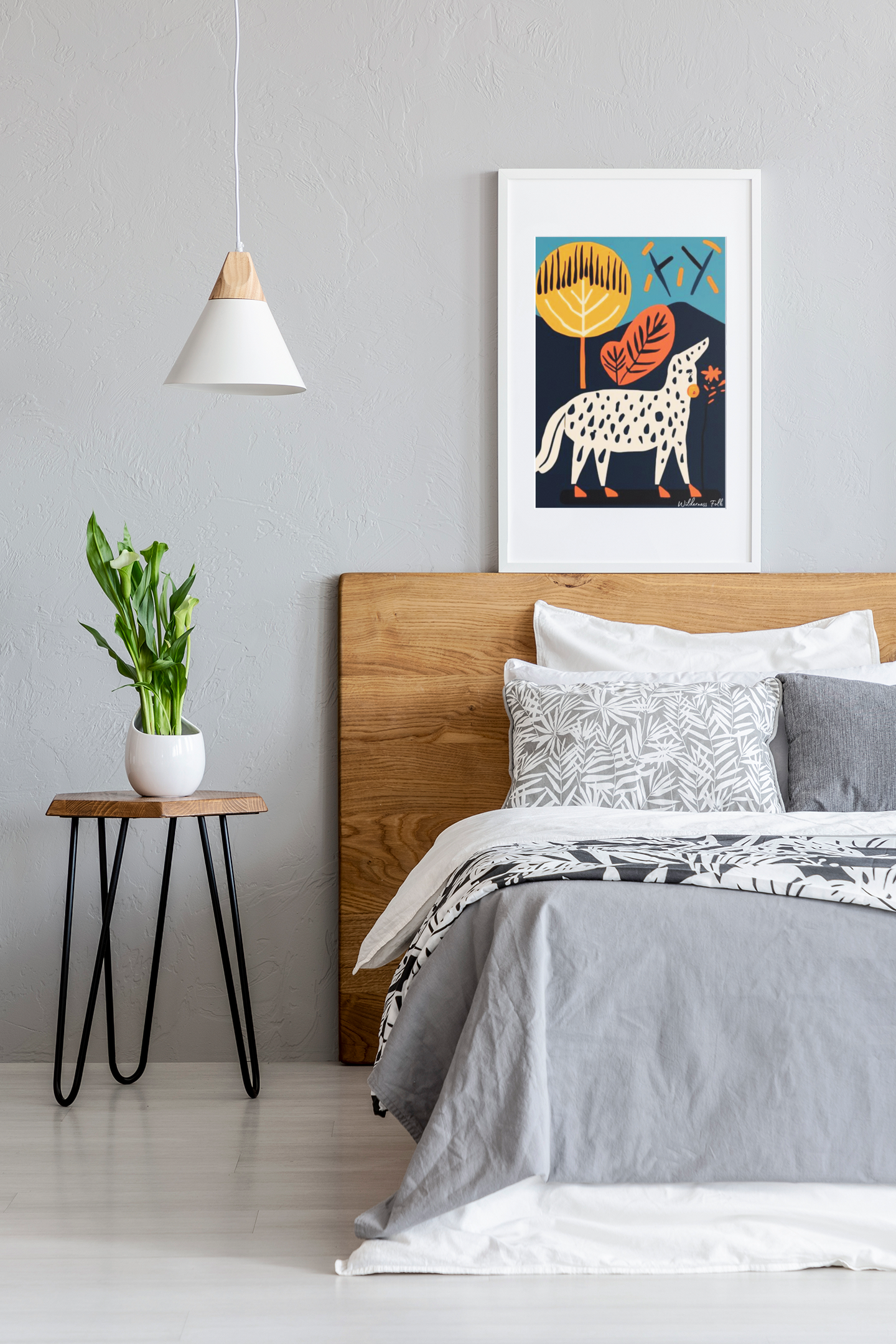 Nature-inspired folk art wall décor — animal and foliage artwork in modern bedroom setting