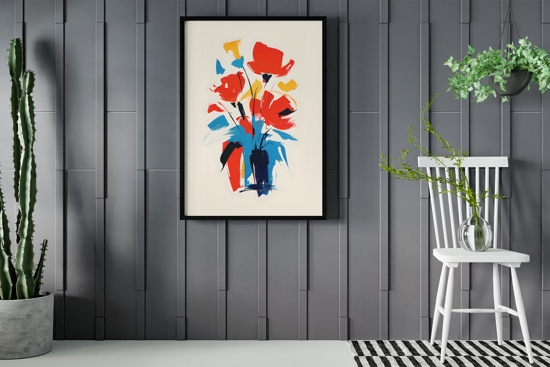 Framed abstract floral artwork on a gray paneled wall with a white chair and potted plants.