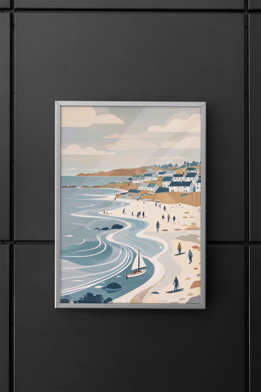 Coastal Village & Flowing Waves modern seaside wall art print in black frame, Scandinavian coastal illustration