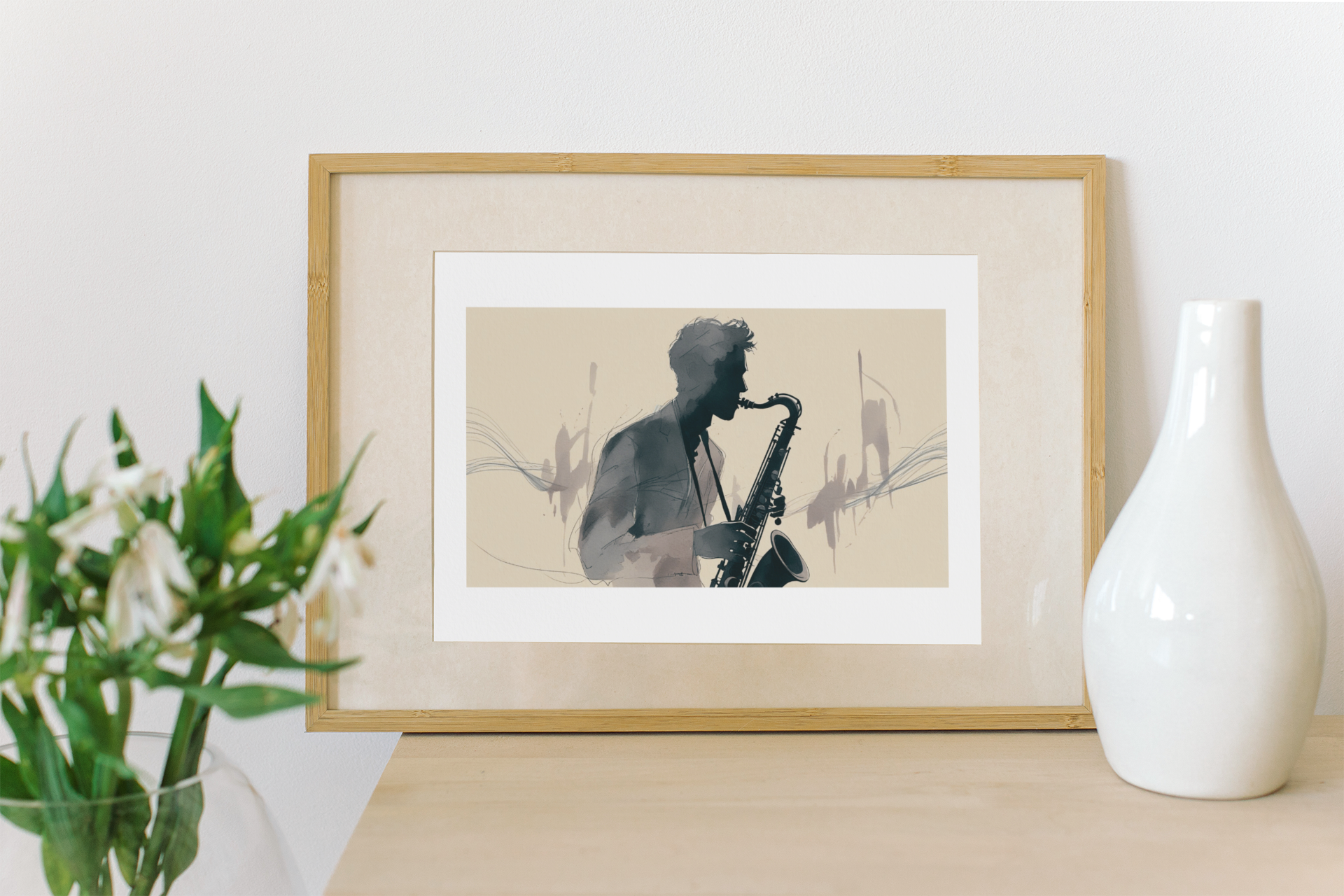 Framed artwork of a silhouette playing a saxophone on a table with a vase and flowers.