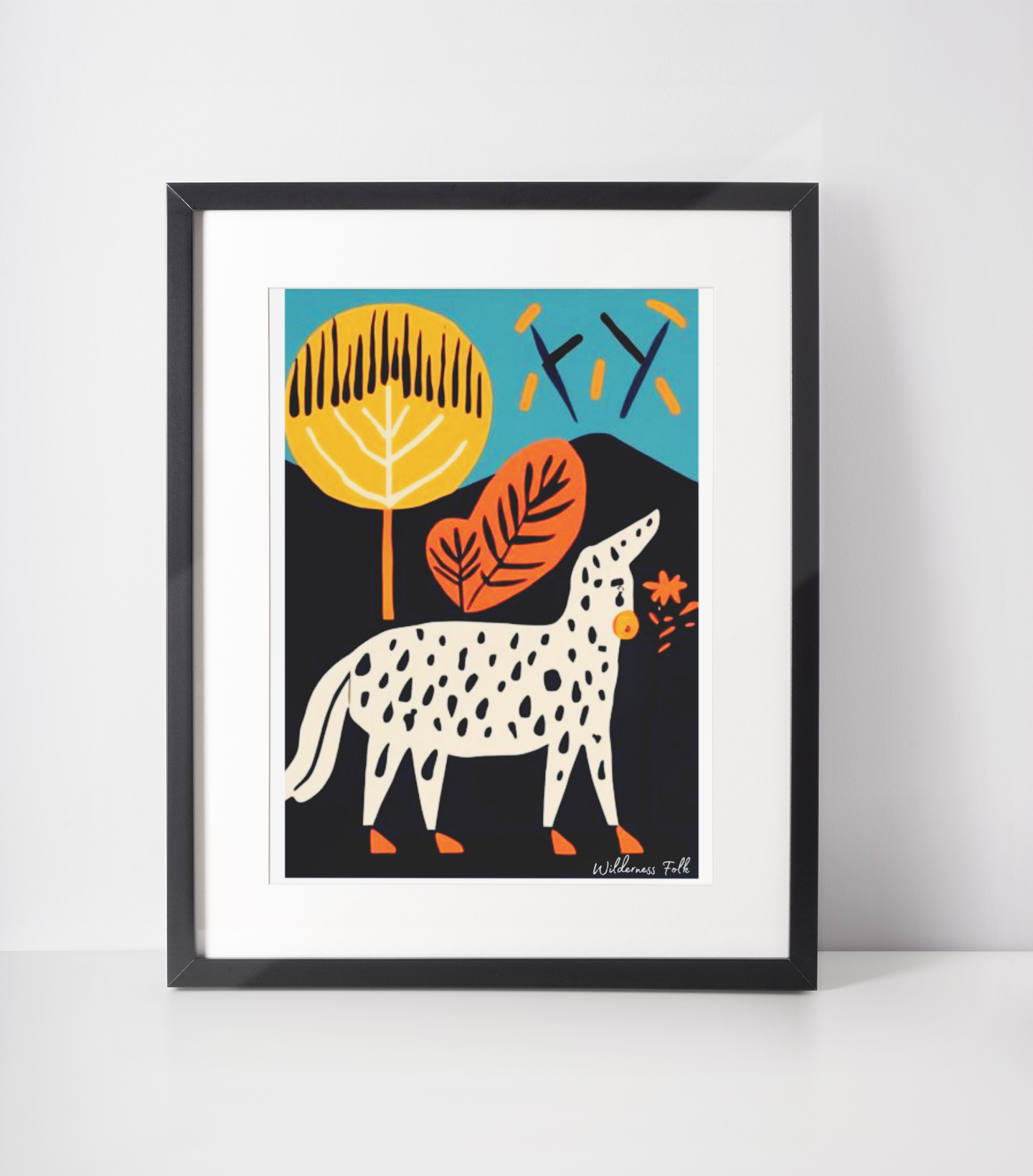 Framed artwork with a stylized animal and leaves on a white background
