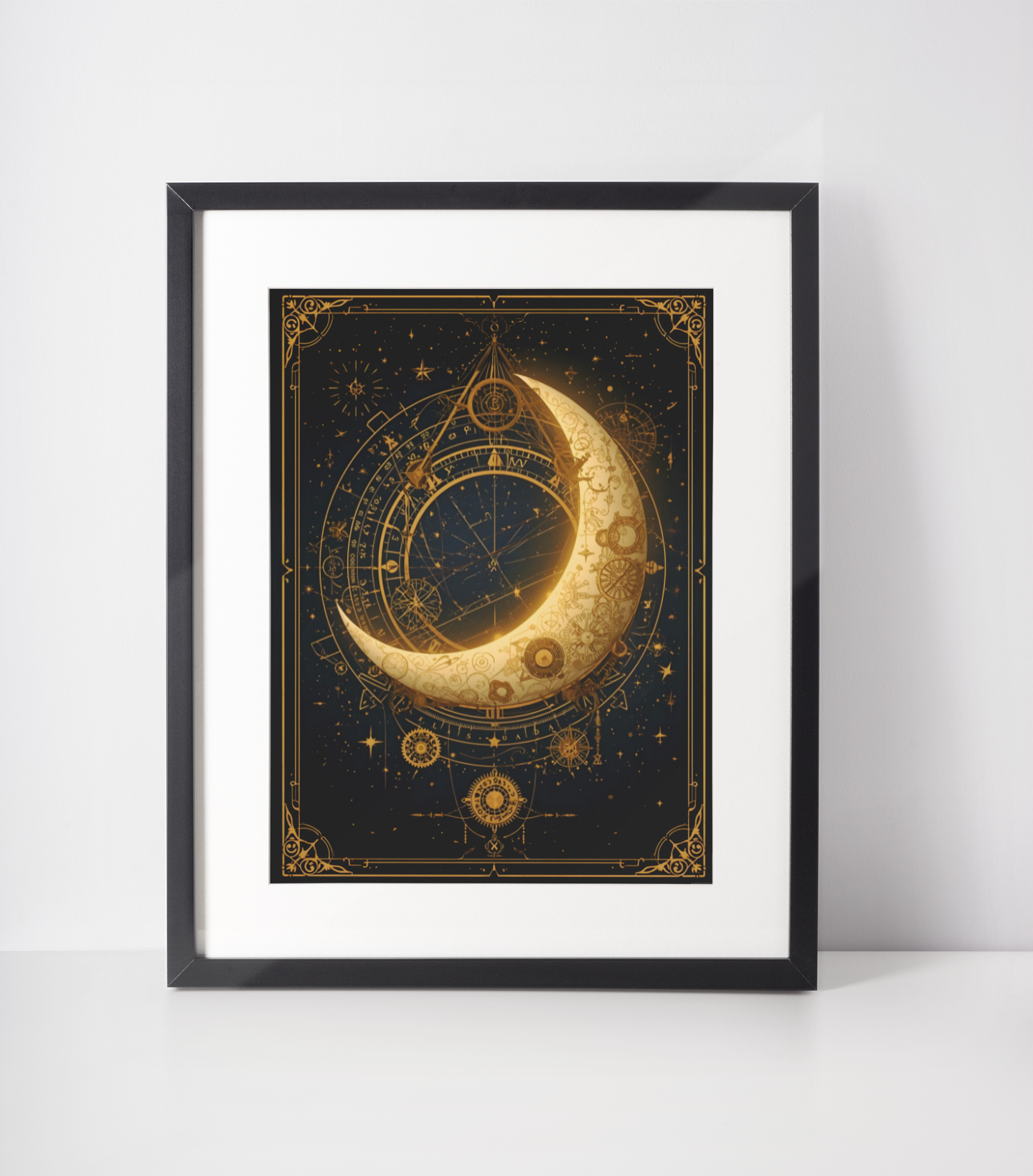 Framed artwork with a celestial design featuring a crescent moon and star patterns on a black background.