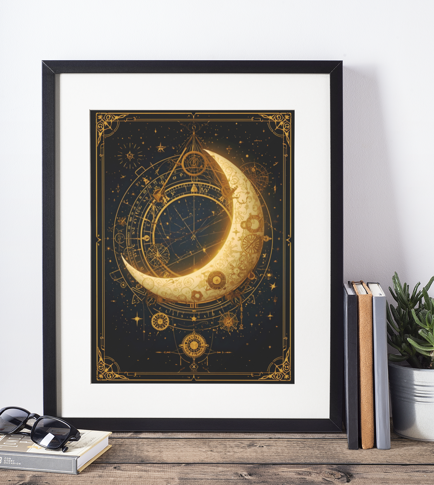 Steampunk crescent moon wall art featuring antique gold clockwork gears and celestial astronomy design on a dark night sky background