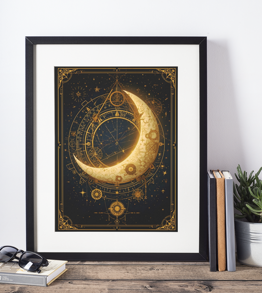 Framed astrological moon art print on a white wall with books and a plant below.