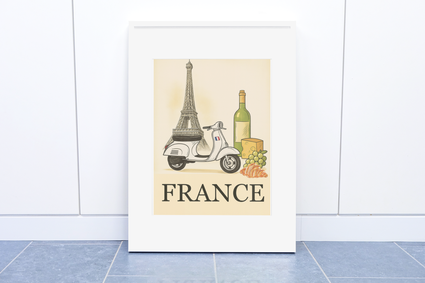 Decorative poster with Eiffel Tower, scooter, and wine bottle on a beige background with 'FRANCE' text.
