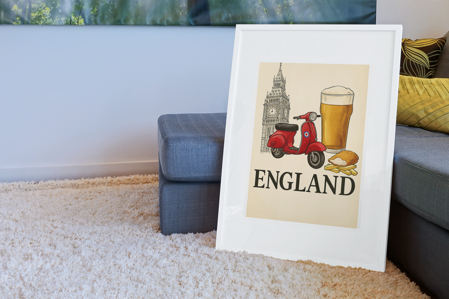 Framed print of a scooter, pint of beer, and Big Ben with 'England' text on a carpeted floor.