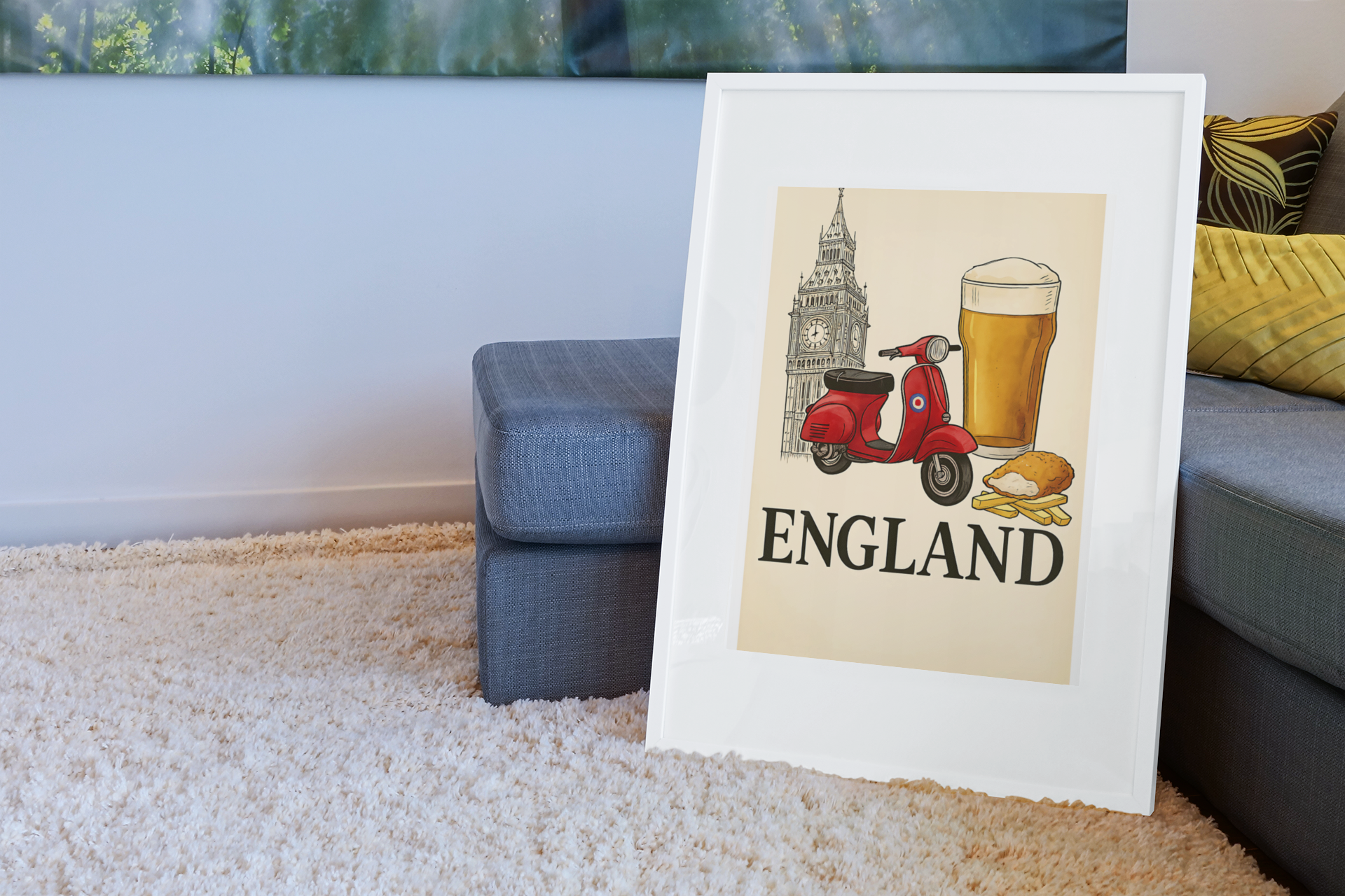 Framed print of a scooter, pint of beer, and Big Ben with 'England' text on a carpeted floor.
