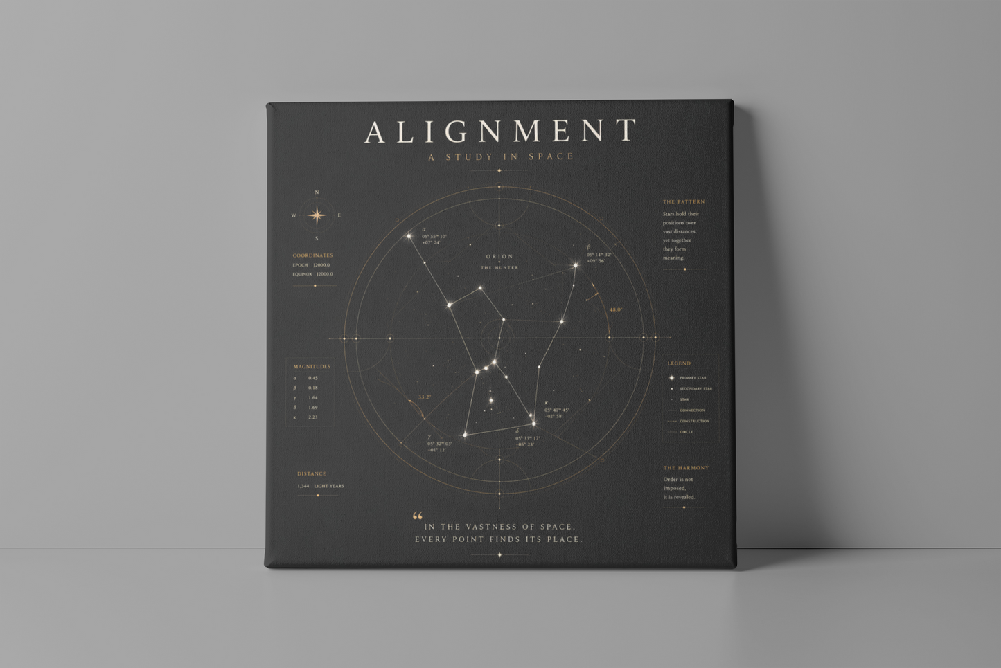 Black geometric constellation wall art displayed against a minimalist grey wall in a contemporary interior.