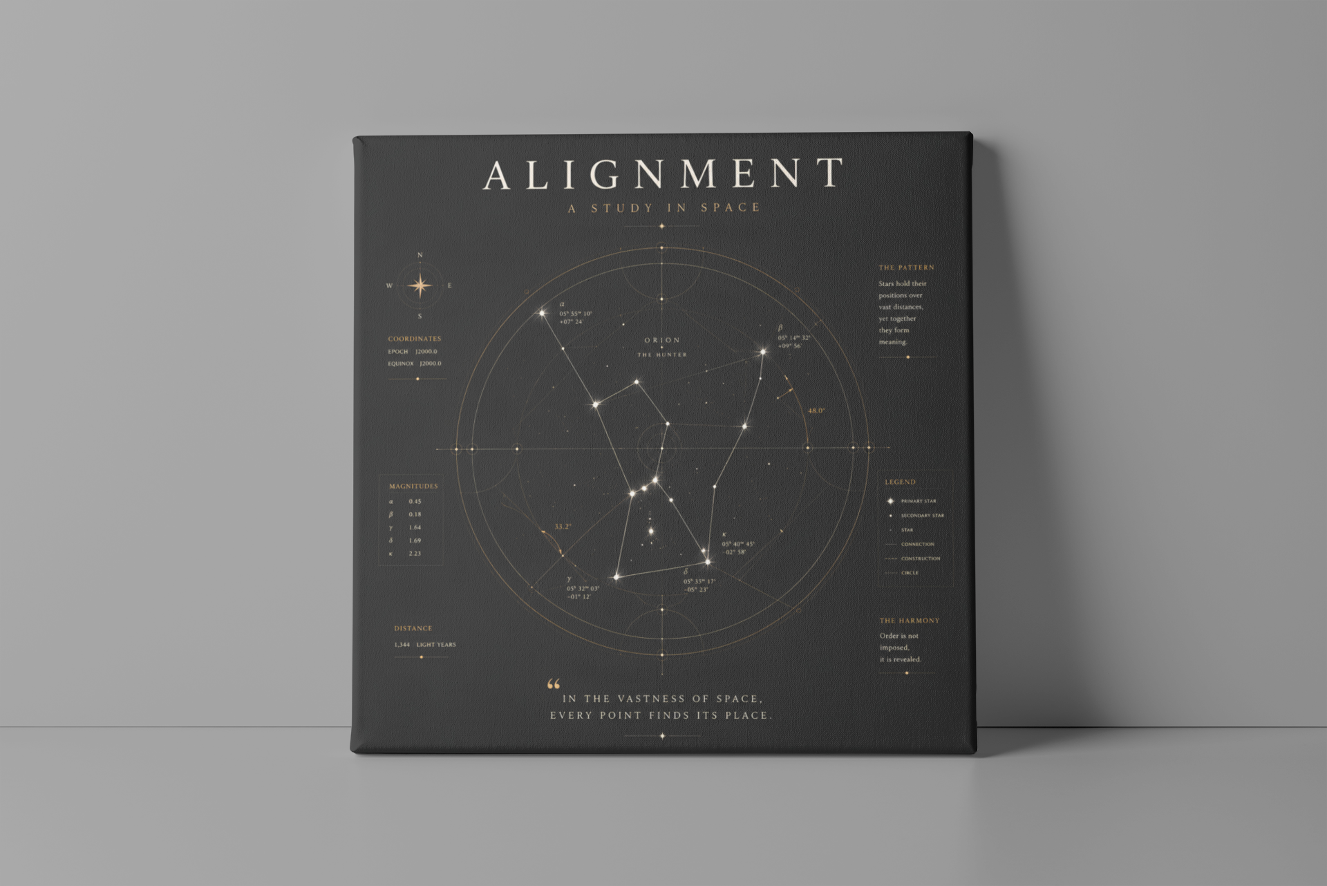 Black geometric constellation wall art displayed against a minimalist grey wall in a contemporary interior.