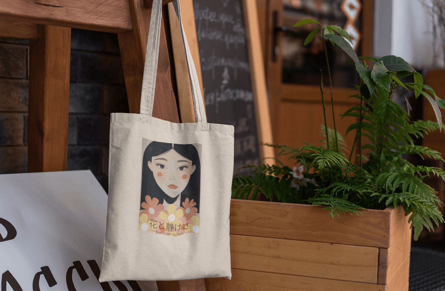 Flowers & Stillness Tote Bag – Japanese Portrait Eco Canvas Shopper – Artistic Floral Carryall Gift