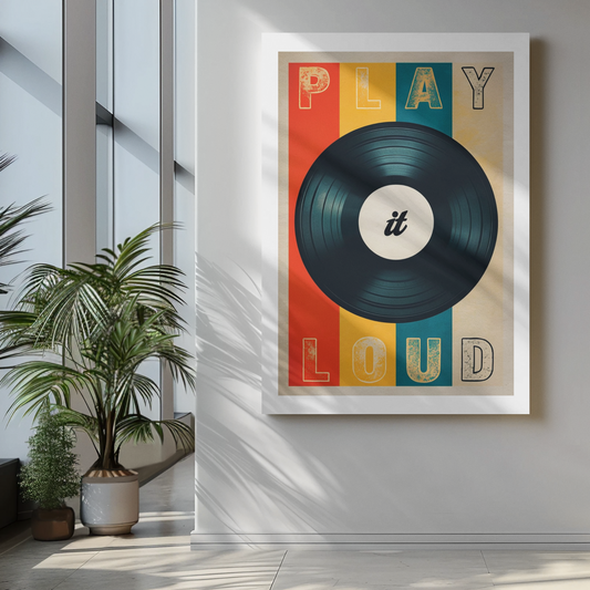Retro wall art poster featuring a black vinyl record with colorful ˜Play It Loud™ typography in bold vintage style.