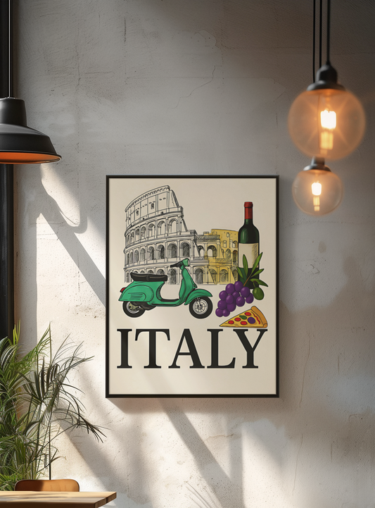 Framed artwork with Italian-themed illustrations on a wall.