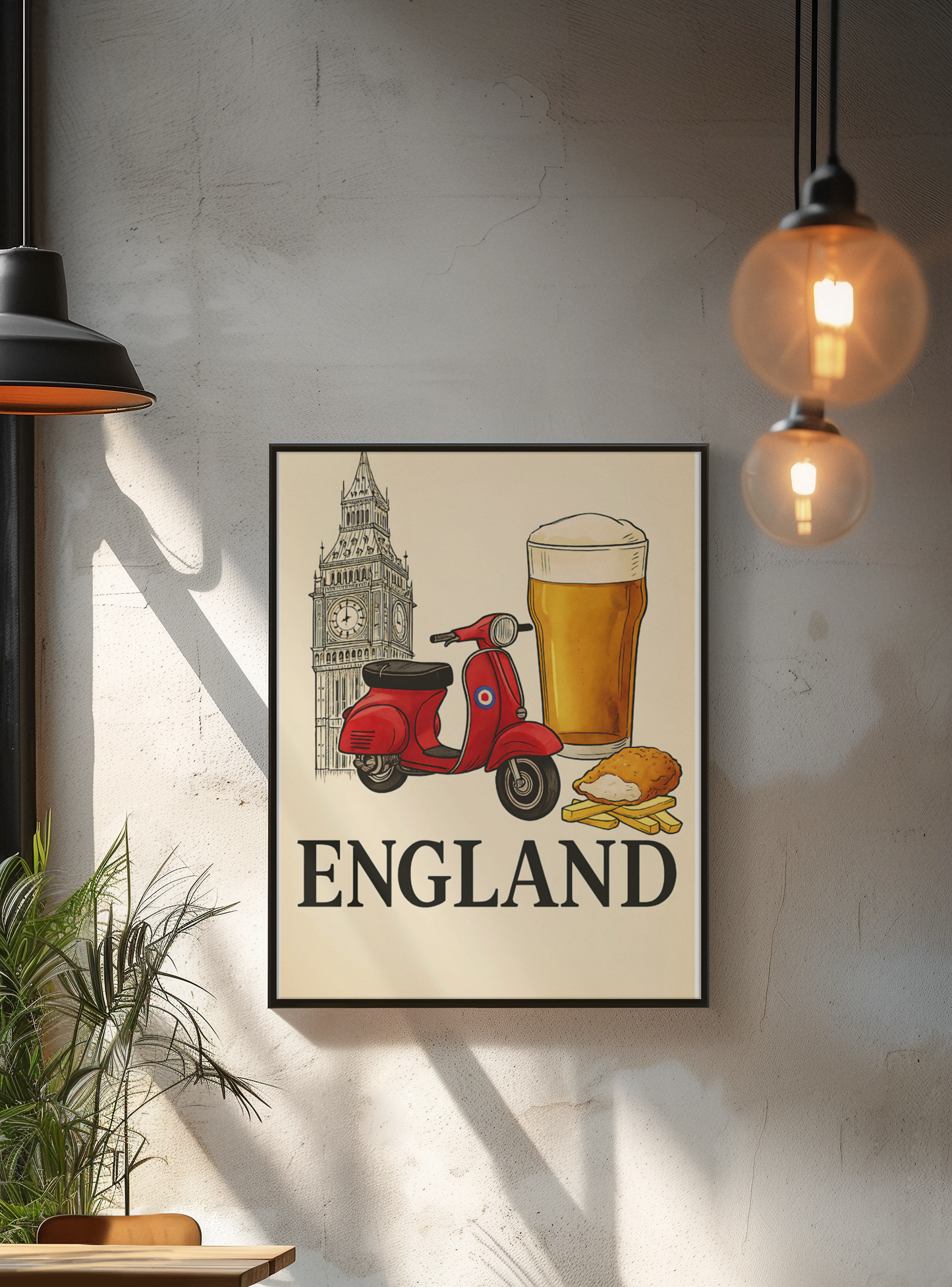 Framed artwork with a red scooter, pint of beer, and Big Ben on a beige background, hanging on a wall.