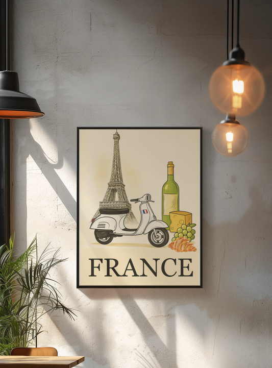 Poster of the Eiffel Tower, scooter, wine bottle, and croissant with 'FRANCE' text on a wall.