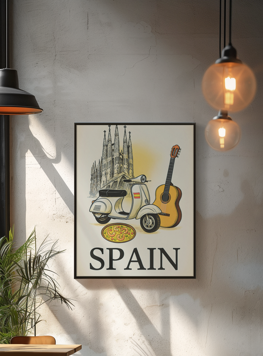 Framed artwork with a Vespa, guitar, and cathedral on a wall with decorative lighting.