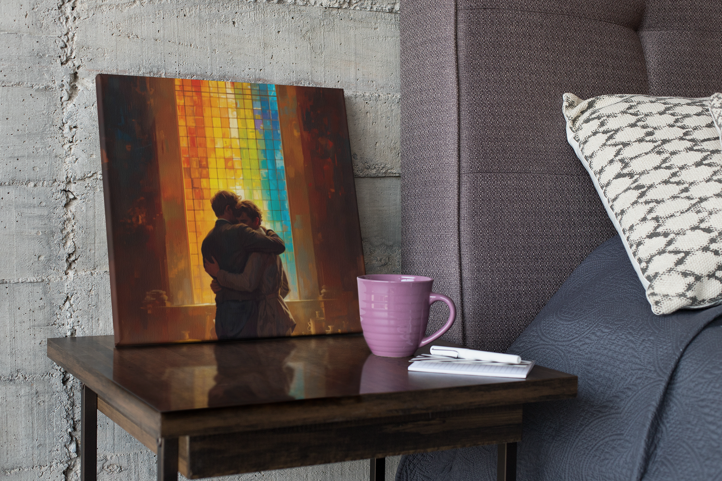 Rainbow Window Poster styled on a side table against a rustic wall, paired with a pink coffee cup.