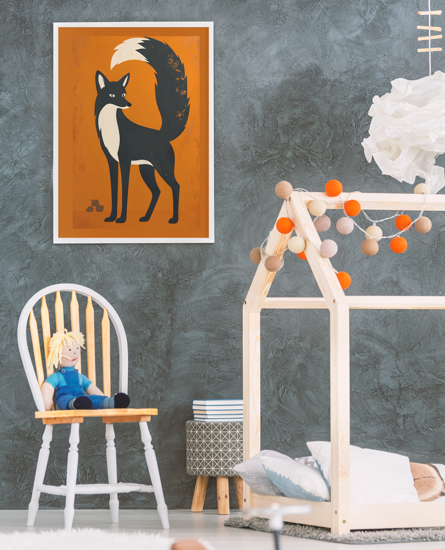 Children's room with a fox poster on the wall, chair with a doll, and wooden house-shaped bed.