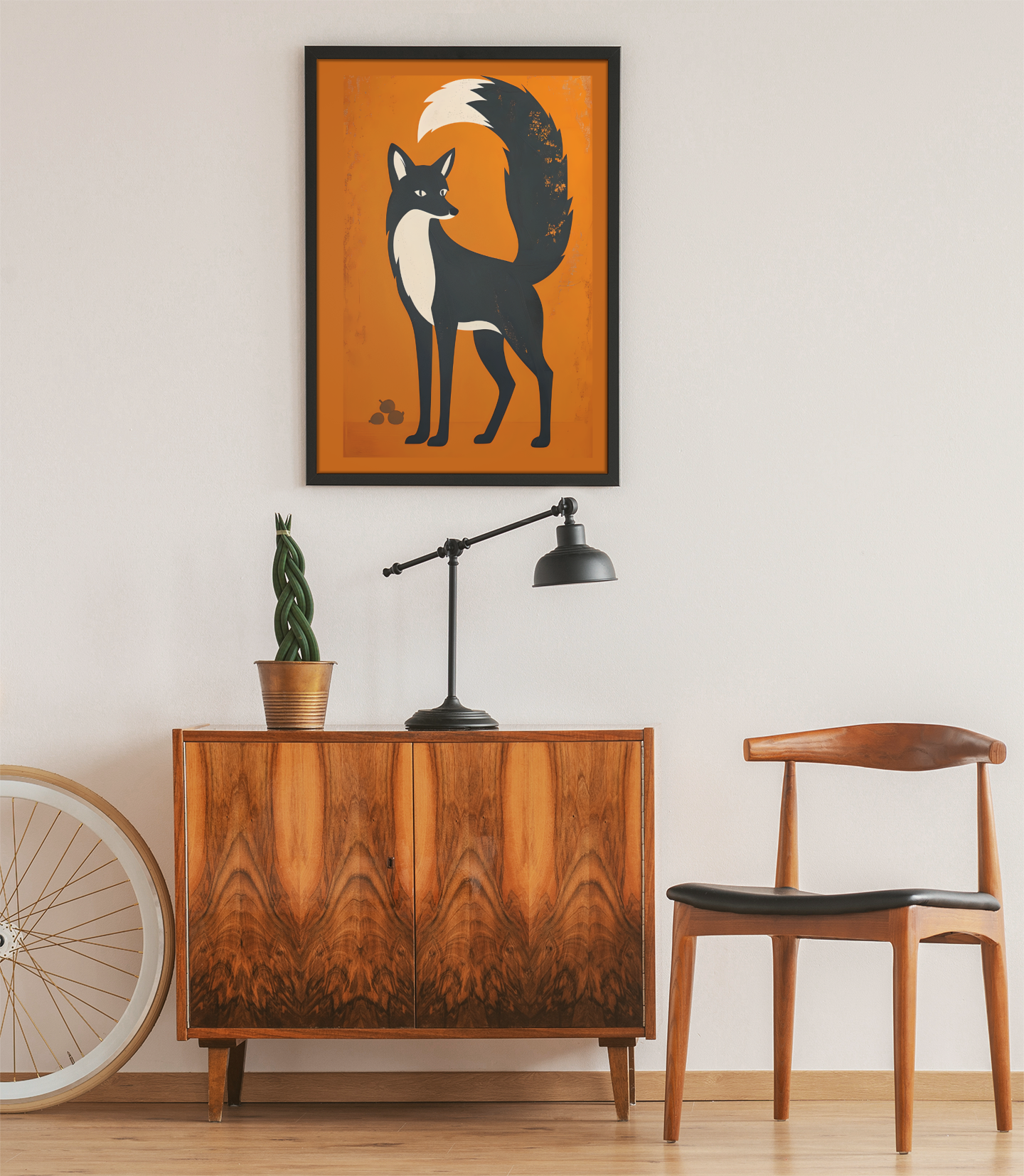 Room interior with wooden cabinet, chair, lamp, and framed artwork of a fox on an orange background.