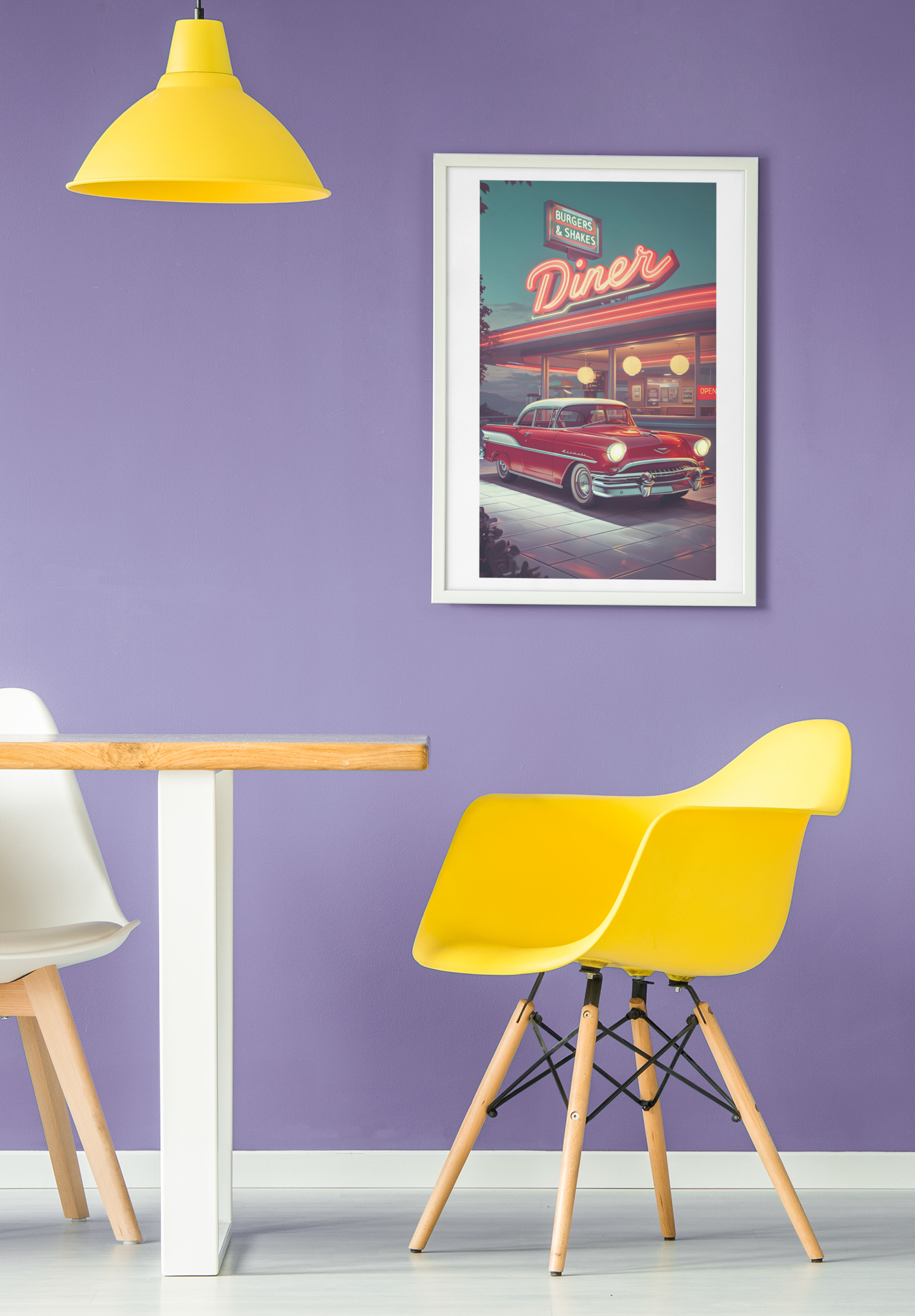 Vintage Red Car and Retro Diner Poster - Classic Americana Wall Art on Semi-Glossy Paper