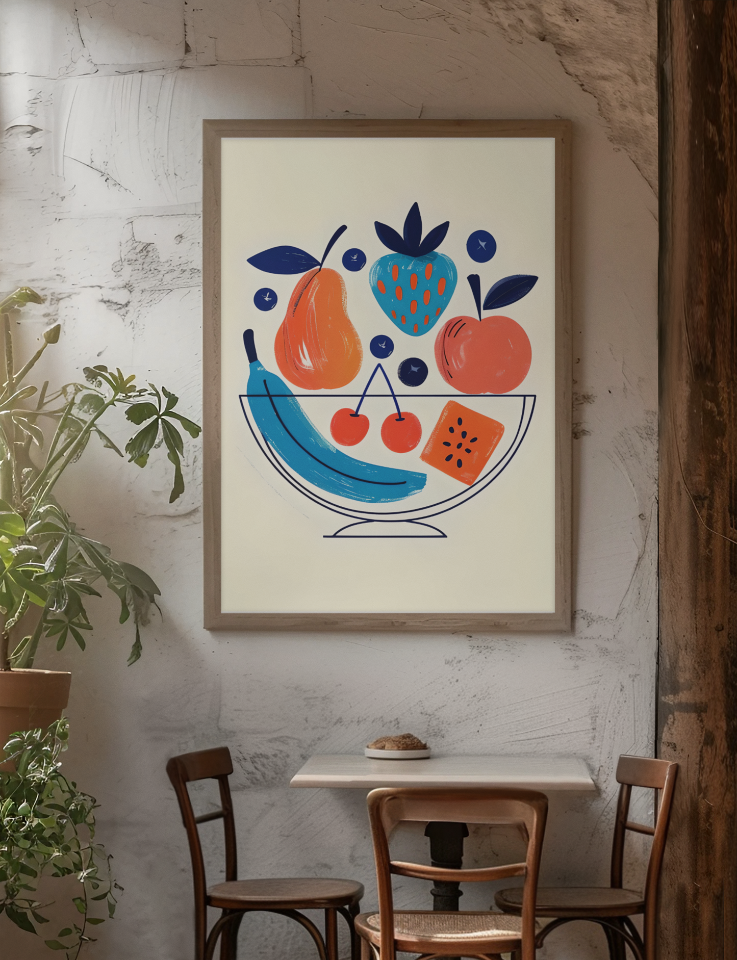 Framed artwork of colorful fruit bowl on a rustic wall with a table and chairs below.