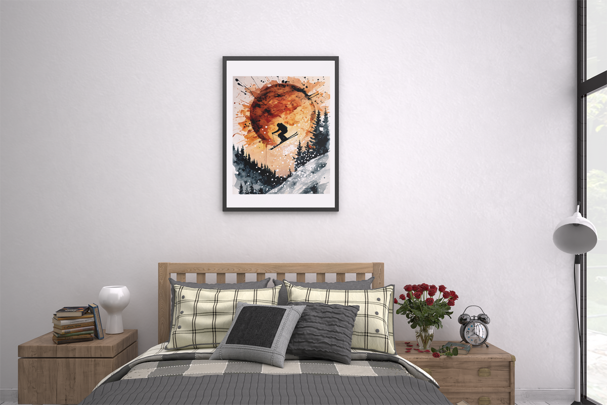 Sunset ski jump poster with skier silhouette and snowy forest scene, framed and displayed above a bed in a cozy modern bedroom with neutral tones