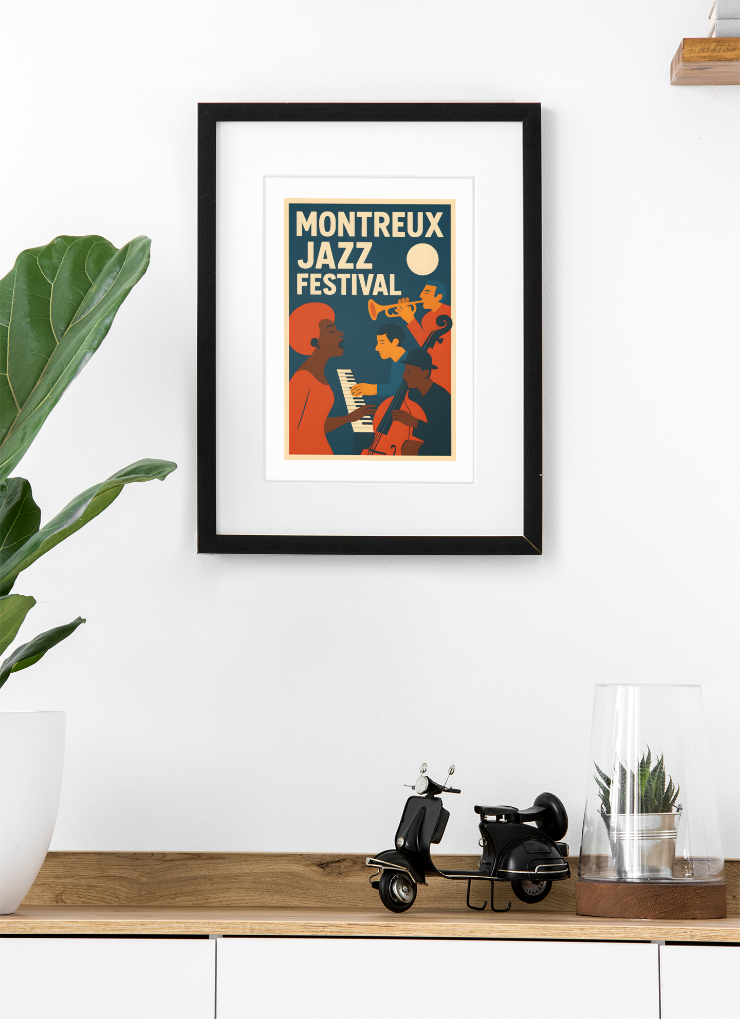 Framed Montreux Jazz Festival poster on a wall above a wooden console table.