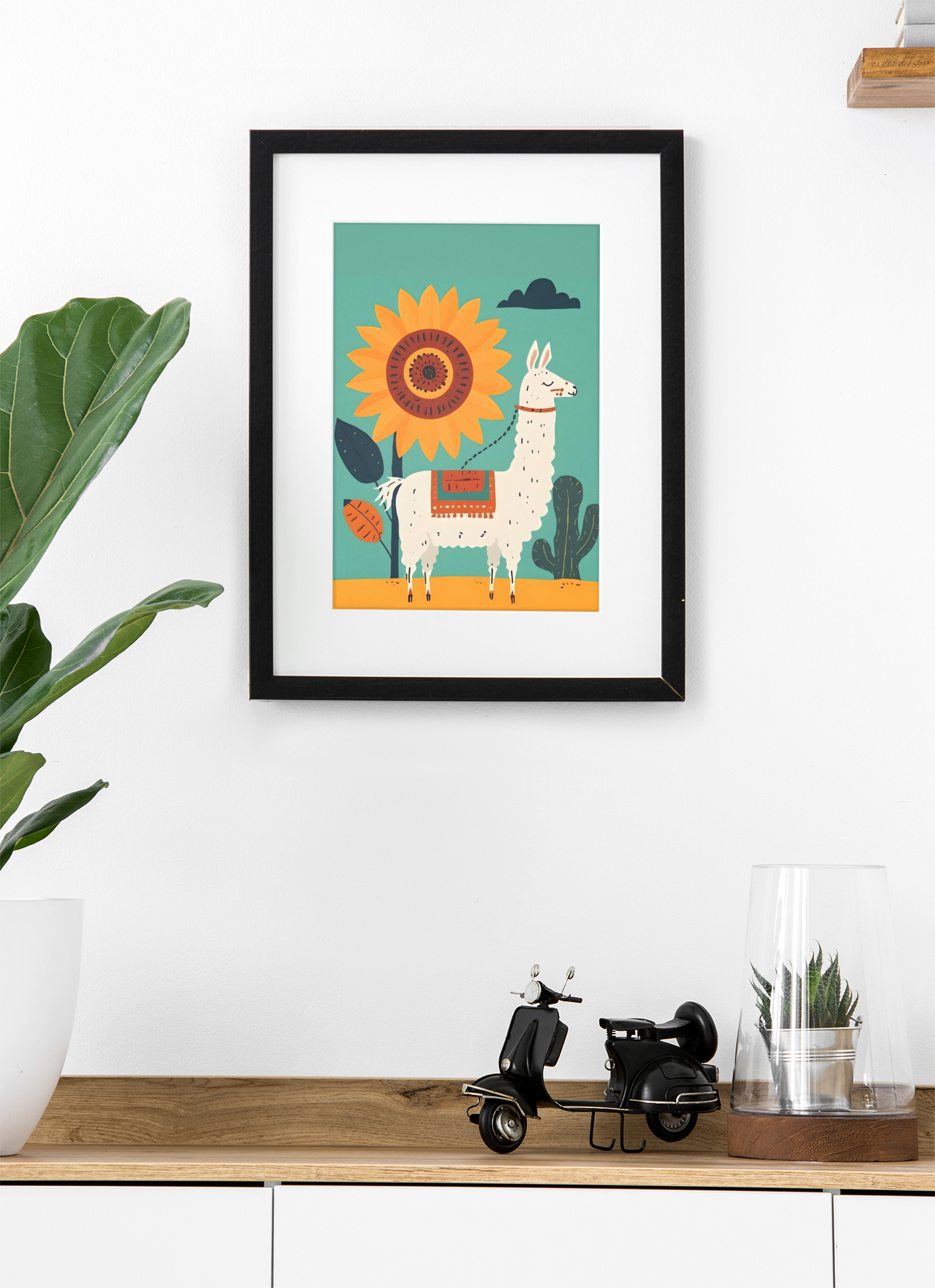 Framed artwork of a llama with a sun on a wall above a wooden shelf.