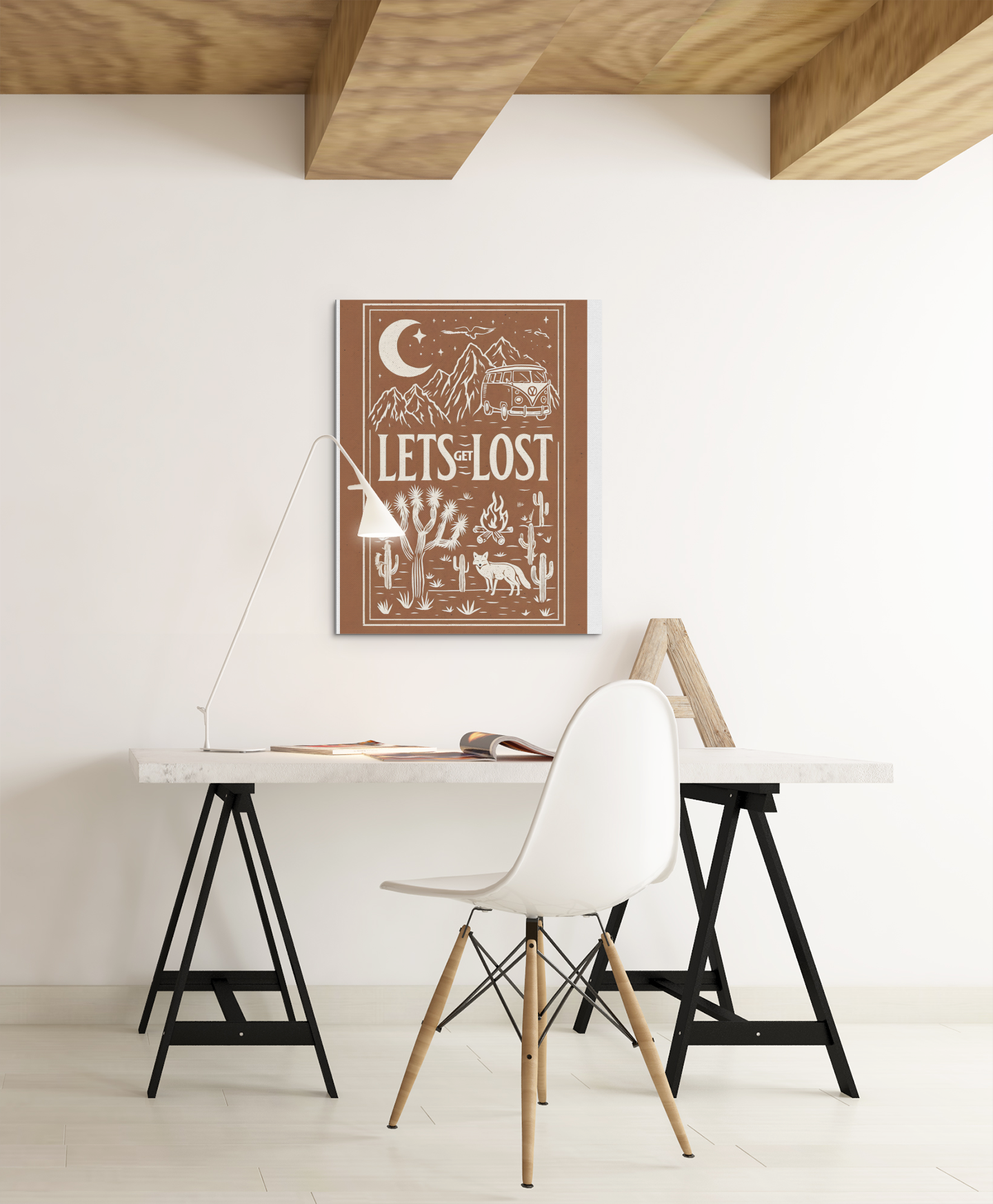 Let’s Get Lost poster – retro wanderlust wall art with camper van and desert design, displayed in a modern home office above a desk