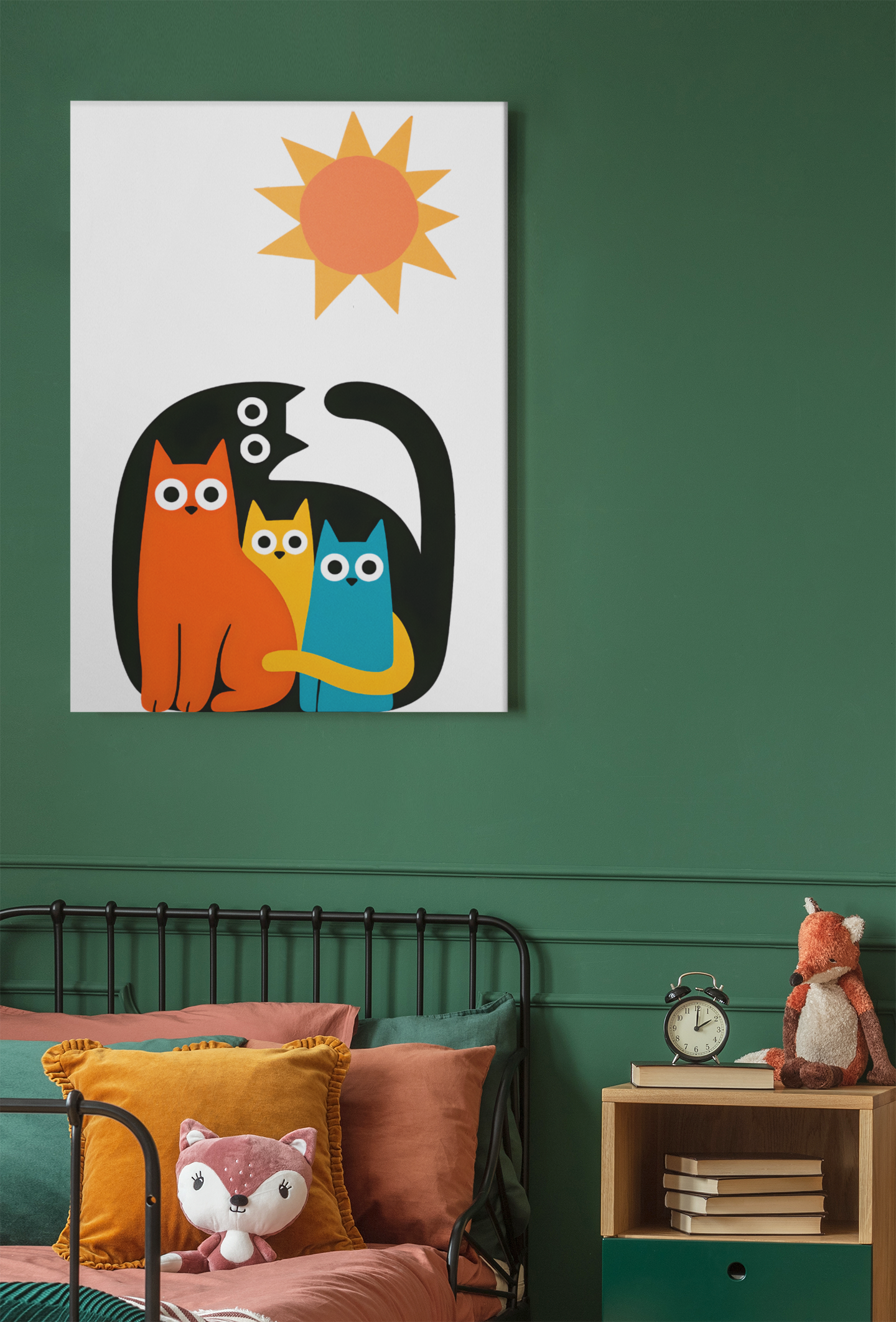 Colorful cat illustration on a white background hanging on a green wall above a sofa.