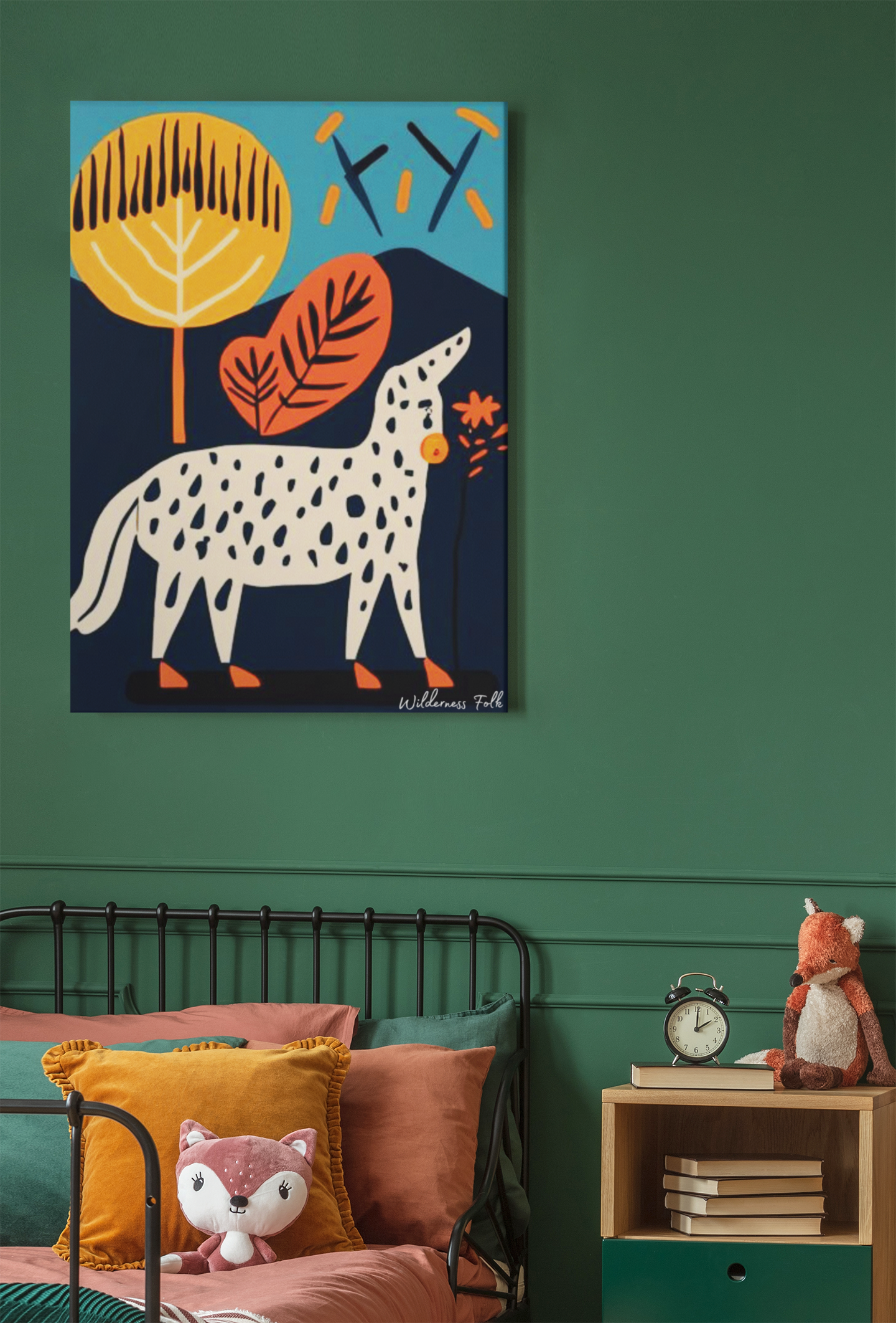 Modern Folk Art Poster featuring a stylized white animal with trees in terracotta, ochre, and navy — Scandinavian wall décor print.