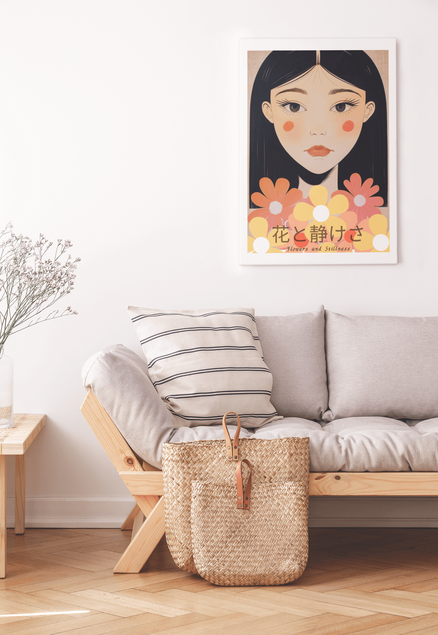 Flowers & Stillness: Japanese Portrait Art Print - Stunning Matte Poster for Home Decor