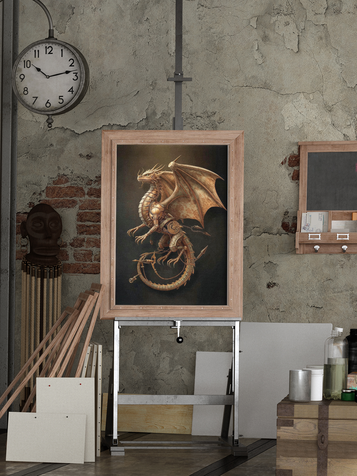 Framed artwork of a dragon on an easel against a textured wall.