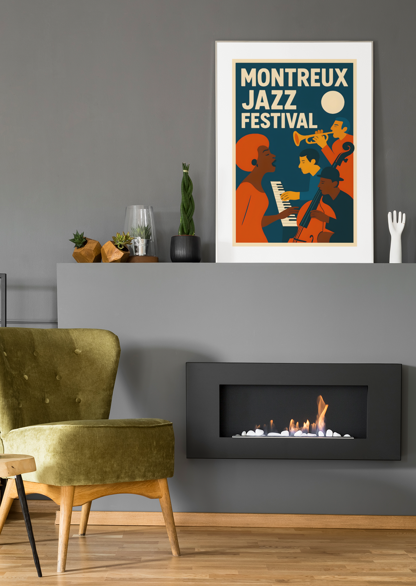Framed Montreux Jazz Festival poster on a wall above a fireplace with a green chair.