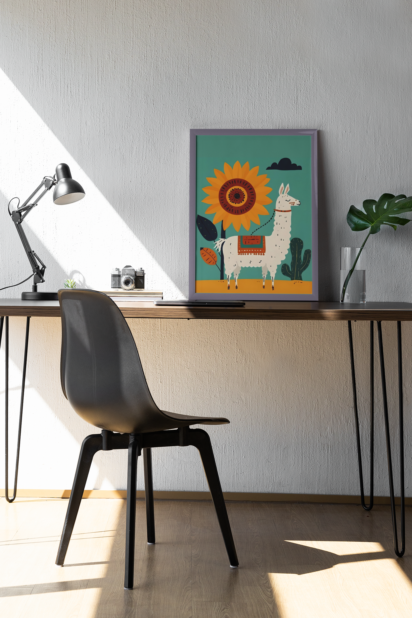 Modern office desk with a colorful llama painting on the wall