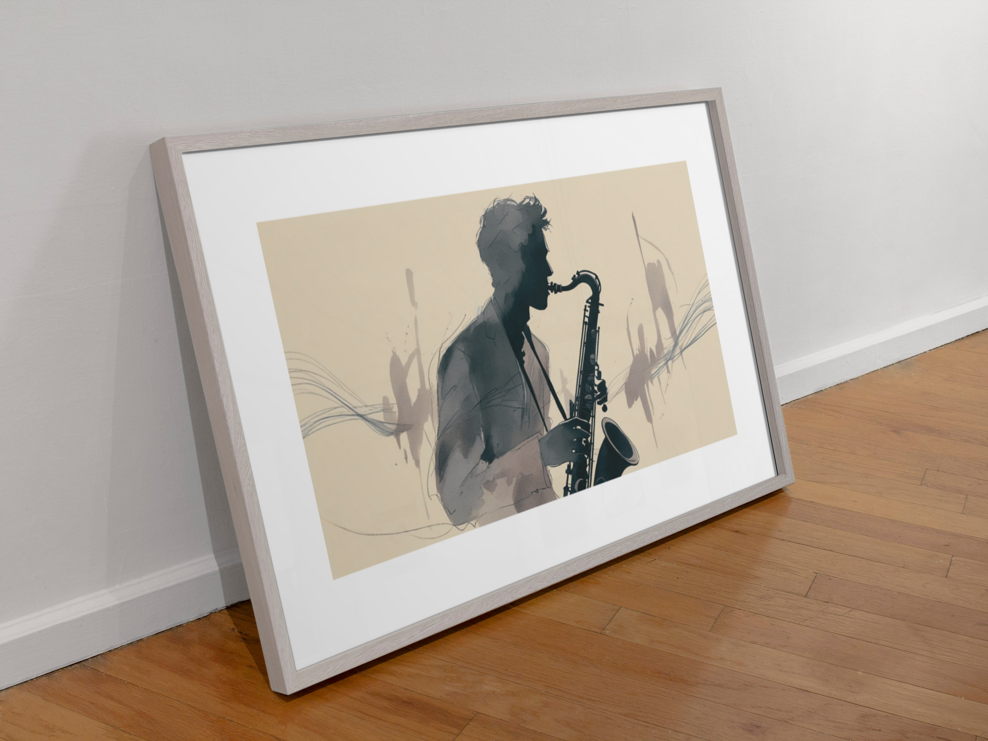 Framed artwork of a silhouette playing a saxophone on a wooden floor.