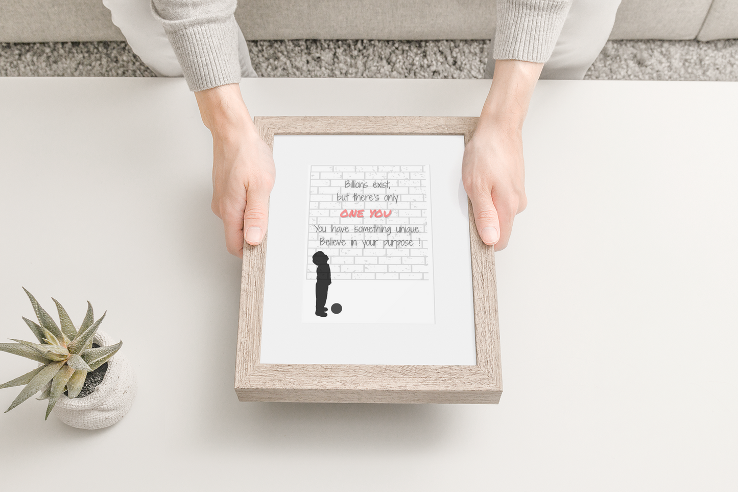 Believe in Your Purpose motivational poster – framed inspirational quote print being held in hands, perfect as a thoughtful gift.