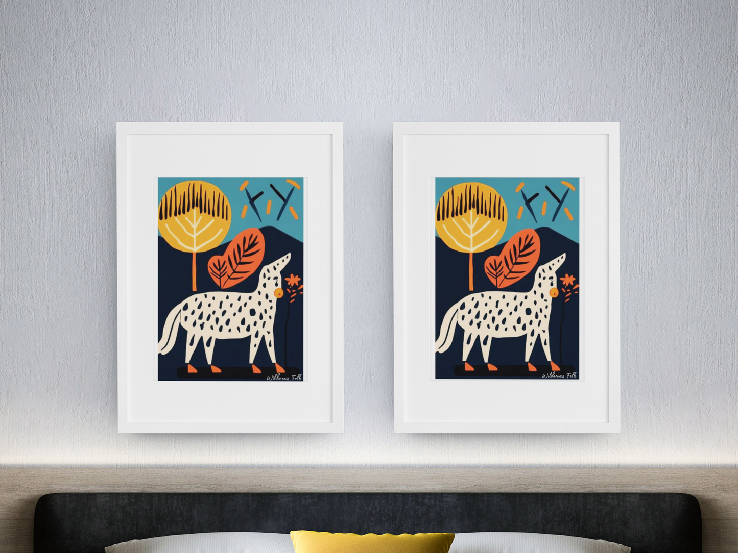 Pair of matching modern folk art posters — Scandinavian minimalist wall art set