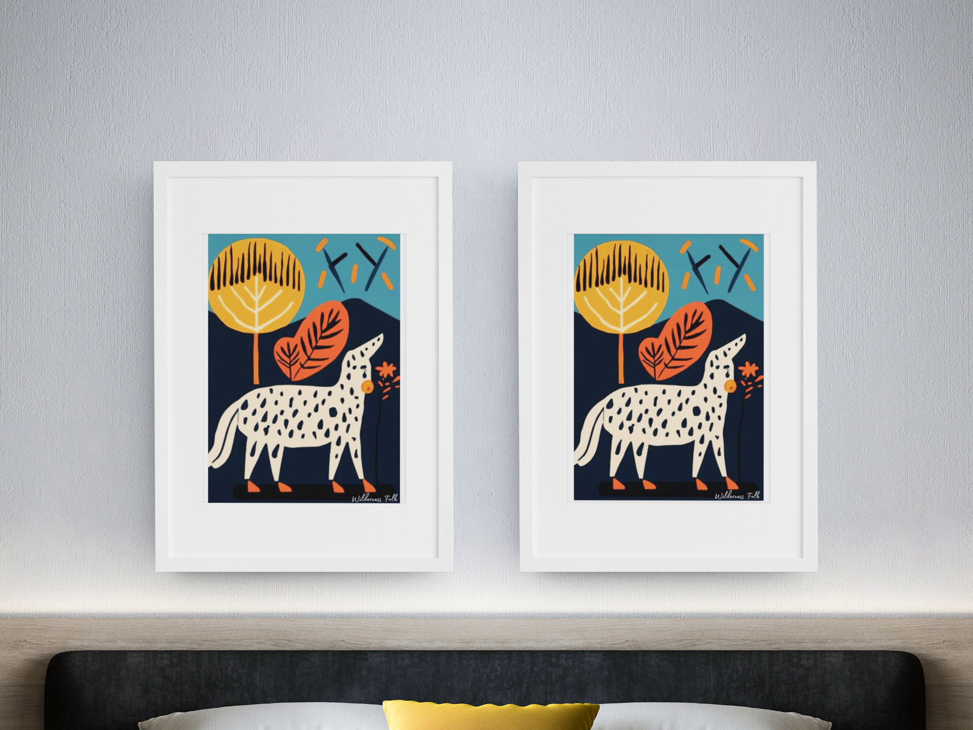 Pair of matching modern folk art posters — Scandinavian minimalist wall art set