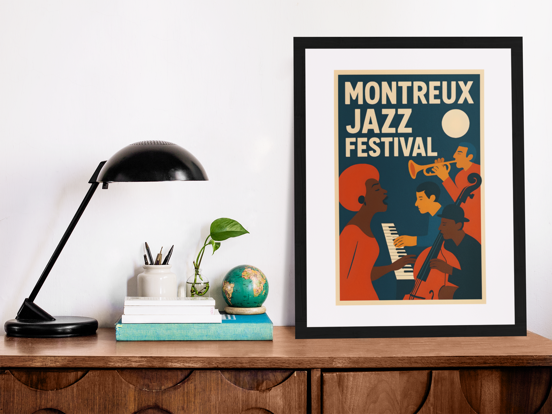 Framed Montreux Jazz Festival poster on a wooden surface with a lamp and books.