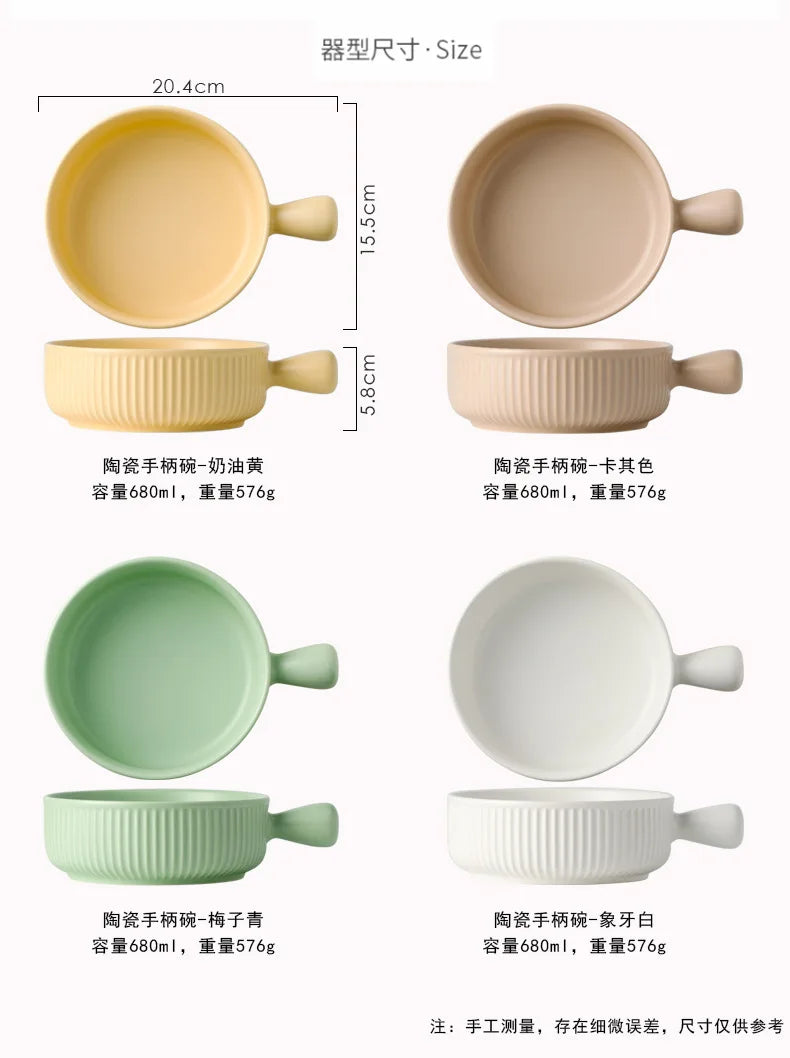 Set of ceramic bowls in different colors with dimensions and weight information.